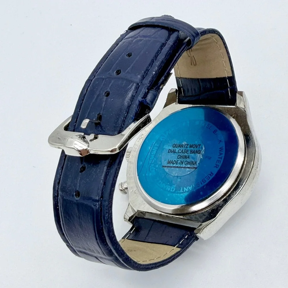 Blingster Crystal Bezel Mens Quartz Silver Steel Blue‎ Leather Rhinestone Watch